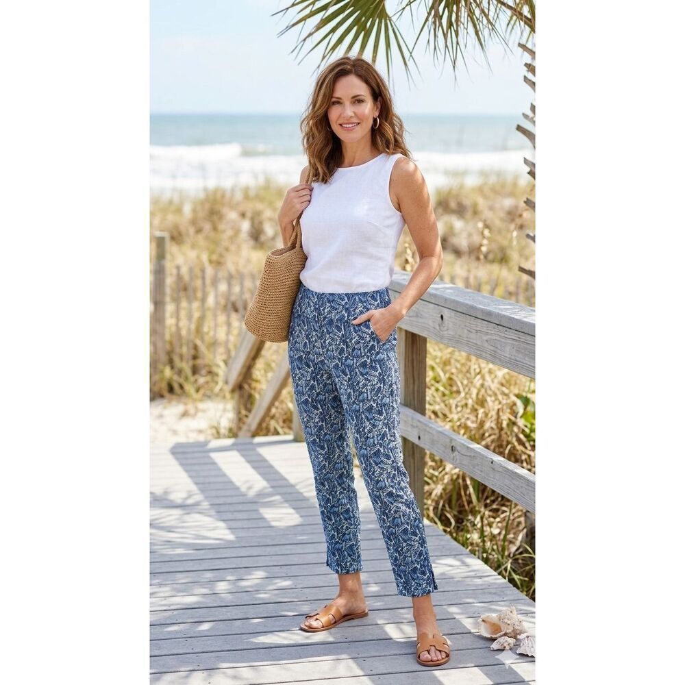 Elliott Lauren Blue Leaf Seersucker Plisse Textured Crop Ankle Pants 12 Made USA